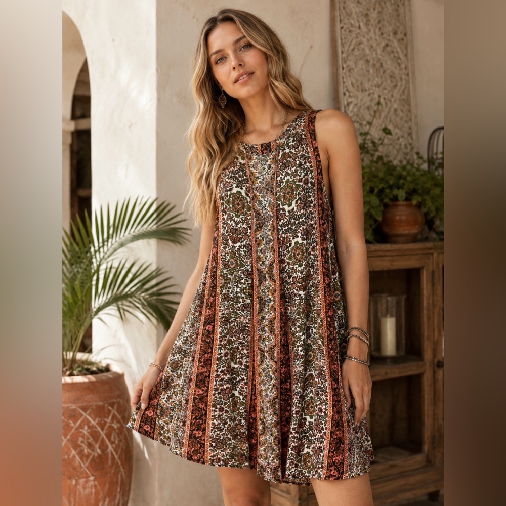 True Craft Boho Floral Sleeveless Swing Dress in Rust Green